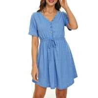 Женска мода лято твърд цвят V-образно деколте с къс ръкав колан за колан издърпана плисирана рокля