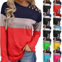 Изключени върхове на рамото за женски цветни блокови ризи с дълъг ръкав туника блузи тениска