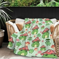 Сладки жаби гъби одеяло подаръци за момчета момичета, карикатурен котагкор декор естетически плюшени меки лек фланел руно жаба