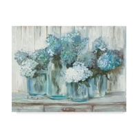 Търговска марка изящно изкуство 'хортензии в стъклени буркани синьо' платно изкуство от Карол Роуън