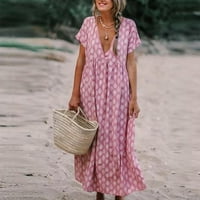 Просвета летни рокли за жени в средна дължина ежедневни отпечатани къси ръкави A-Line V-Neck Dress Pink m