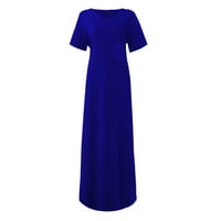 Летни рокли за жени с къс ръкав дълъг ежедневен солидна а-линия V-образно рокля Blue XL