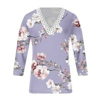 Дантела панел панел върши женски блузи женски ежедневни ежедневни върхове ръкави v Врат Модни отпечатани ризи дантелени върхове