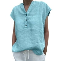 Жени ежедневни солидни v копчета за памук с къси ръкави с къси ръкави риза блуза топ женски горна риза