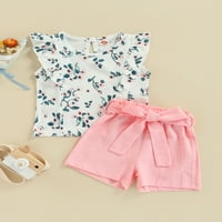 Gureui Toddler Baby Baby Girls Summer Clothes Clother Clothes, тениска с ръкави за цветя и твърди цветни къси панталони с комплект