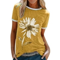 Ризи за жени на мода за жени ежедневен дневен флорален модел за печат с късо ръкав кръг в врата на вратата отгоре жълт xxl