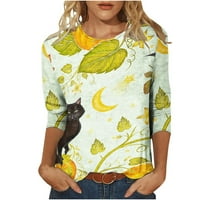 Женските есенни върхове на женската модна отпечатана разхлабена тениска със средна дължина ръкави блуза кръгла шия ежедневни върхове
