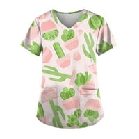 Дамски върхове с къс ръкав графични щампи блуза ежедневни дами мода v-образно лято зелено m