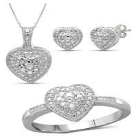 Бижутериклуб от 3 части бели диамантени сребърни обеци, сребърно Колие, сребърни пръстени – бижута във формата на сърце – комплекти