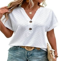 Тениска на тениска с къси ръкави за летни върхове V в шия тениска удобна плажна туника блуза бяла 2xl
