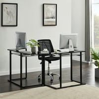 Аукфа домашен офис компютърно бюро 56 Г-образно бюро за писане ъглова маса стъкло бюро твърда метална рамка Черно