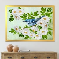 Дизайнарт 'малка синя Птичка, седнала на клон от бяла роза' традиционен художествен принт в рамка