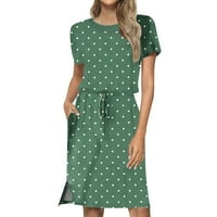 Женски рокли дължина на коляното Небрежно отпечатан къс ръкав Peplum кръгло деколте лятна рокля зелена xl