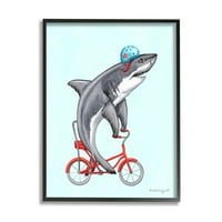 Ступел индустрии голяма бяла акула на червен велосипед син каска графично изкуство черна рамка изкуство печат стена изкуство,