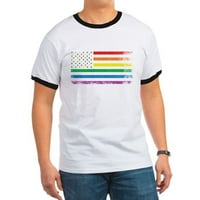 Cafepress - тениска на Rainbow American Flag - памучна тениска с пръстен