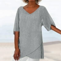 Xysaqa дамски върхове лято пролетен ръкав v шия ежедневно свободно ленено памучна туника върхове блузи блузи
