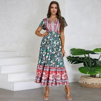 Hanzidakd летни рокли за жени Лято нов V Neck Ruffle ръкав флорален принт дълга рокля