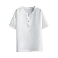 Мъжки летни ризи бутон V-образен модни върхове Твърди цветна блуза с къс ръкав тениска за мъже небрежно спокойно прилепване на дрехите бяло m