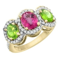 14K жълто злато естествено розово сапфир и перидот 3-каменна пръстен с овален диамантен акцент, размер 5.5