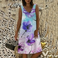 Женски рокли със средна дължина слънчева рокля без ръкави небрежно отпечатана с V-образно деколте летна рокля лилаво l
