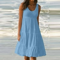 Дамски рокли Clearance без ръкави солидна рокля от миди, слънчево лъжичка шия лятна рокля синя s