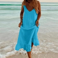 Женски рокли Summer Sleeveless v Neck A Beach Spaghetti Line Line Maxi Solid Camis Casual Ressing