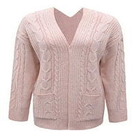 Keeccty дамски дневен плътно цветни джобове Отворете преднина с дълъг ръкав плетен пуловер Кардиган