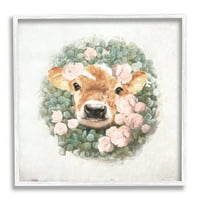 Ступел индустрии очарователни бебе теле крава розов цвят венец Живопис бяла рамка изкуство печат стена изкуство, дизайн от бяла