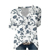 xiuh плюс размер летни върхове за женски бутон плюс размер памук и бельо с къс ръкав, отпечатана флорална блуза с джоб
