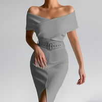 ECQKAME Официални рокли за жени Небрежни модни талия без презрамки колан V-образни рокли сиво L на клирънс