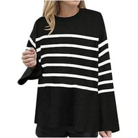 Върхове за жени раирани дълги ръкави кръгла шия странична цепка плюс пуловер с размер на пуловер