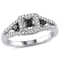 Миабела Женски карат Т. У. принцеса-изрязан и кръг-изрязан черно-бял диамантен Сребърен 3-каменен годежен пръстен