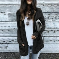 Дамски дълъг ръкав отворен преден плетен пуловер жилетка свободен плътно цвят дълги жилетки връхни дрехи с джобове yutnsbel