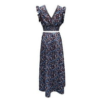 Летни рокли за жени V-образни модни глезени дължина флорална рокля без ръкави на A-Line Royal Blue 2XL